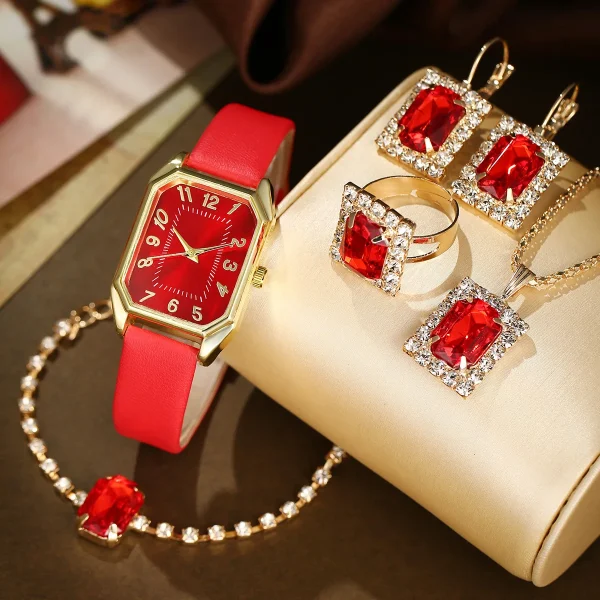 New Women's Casual Quartz Watch Rhinestone Jewelry Set Latest Fashionable Leather Band Alloy Case Glass Dial Window Pointer