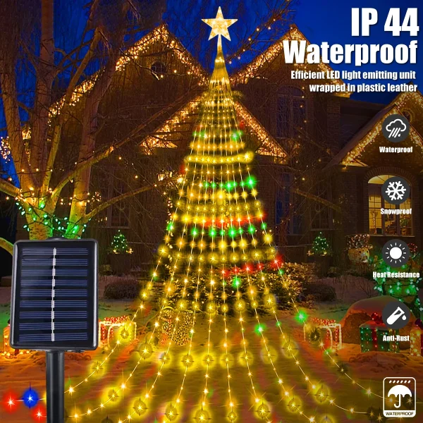 Solar Christmas Decoration Star String Lights 2/3M 8 Modes Waterfall Christmas Tree Fairy Lights for Outdoor Wedding Holiday