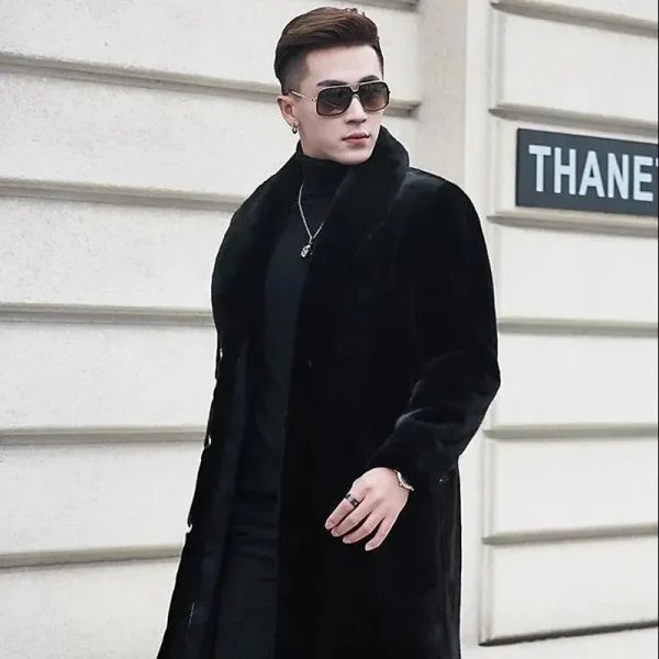 Men Faux Fur Long Coats Jackets Turn Down Collar Coat Thick Streetwear Jacket Work Outerwear Casual Autumn Winter 2025