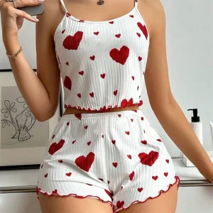 kf-Se481309d2d92424b9f0a79bc6e7326d11 Women's Pajamas Set Sleepwear 2 PCS Short Tank Tops And Shorts S M L White Ventilate Soft Casual Love Printing