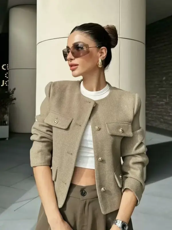 H1e3db2331fdf40d99ae6b1c0f35f29371-1.webp Women 2024 Autumn Winter Small Fragrance Fashion Coat Button-Decorated Round Neck Solid Color Short Suit Jacket