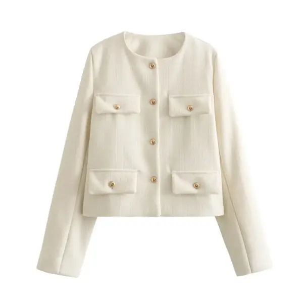 H27229ab0869f464eb4c43655be6ee676O-1.webp Women 2024 Autumn Winter Small Fragrance Fashion Coat Button-Decorated Round Neck Solid Color Short Suit Jacket