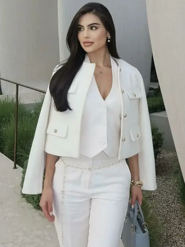 Women 2024 Autumn Winter Small Fragrance Fashion Coat Button-Decorated Round Neck Solid Color Short Suit Jacket