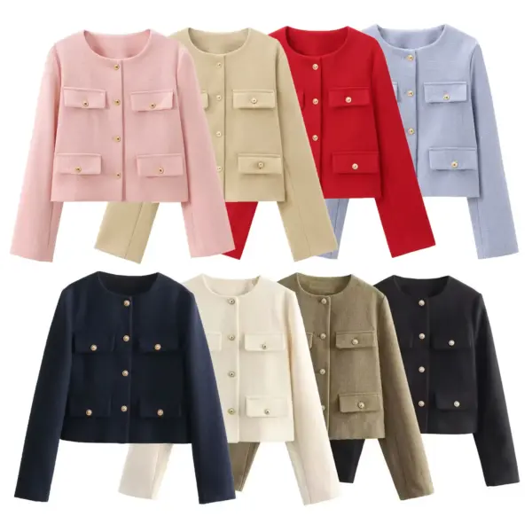 Ha4317661db3f4203a6fe98a8b868190dt-1.webp Women 2024 Autumn Winter Small Fragrance Fashion Coat Button-Decorated Round Neck Solid Color Short Suit Jacket