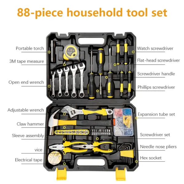 88pcs Complete Vehicle Tool Kit Home Toolbox for Auto Car Repair Including Hammer Pliers Wrench Socket Other Mechanical Tools