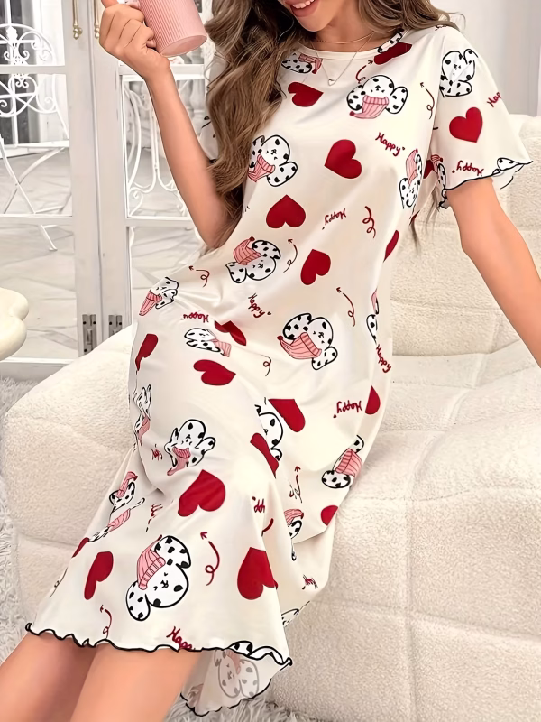 En PE en al menos4 días hábilesdespués del envío Camisón de noche elegante con estampado de perros y lunares para mujer - Suave vestido de dormir de manga corta con cuello redondo, comodidad para todas las estaciones, lavable en máquina, diseño de estampado de animales lindos para relajarse y dormir, ropa de dormir cómoda, ropa de dormir juguetona, ropa de dormir de calidad, ropa de dormir duradera, ropa de dormir para mujeres, ropa de dormir acogedora, material transpirable, ropa de dormir para adultos.