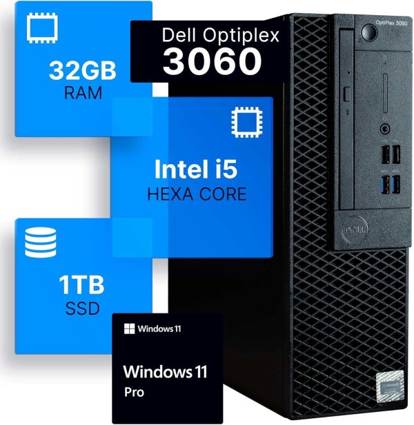 Dell Optiplex 3060 Computadora de escritorio | Intel i5-8500 (3.2) | 32GB DDR4 RAM | 1TB SSD de estado sólido | WiFi integrado | Bluetooth | Windows 11 Professional | PC para el hogar u oficina