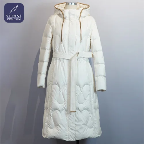 Women White Full Length Down Coat Hooded Belted Waist Heart Quilted Warm Puffer Jacket Winter Outerw